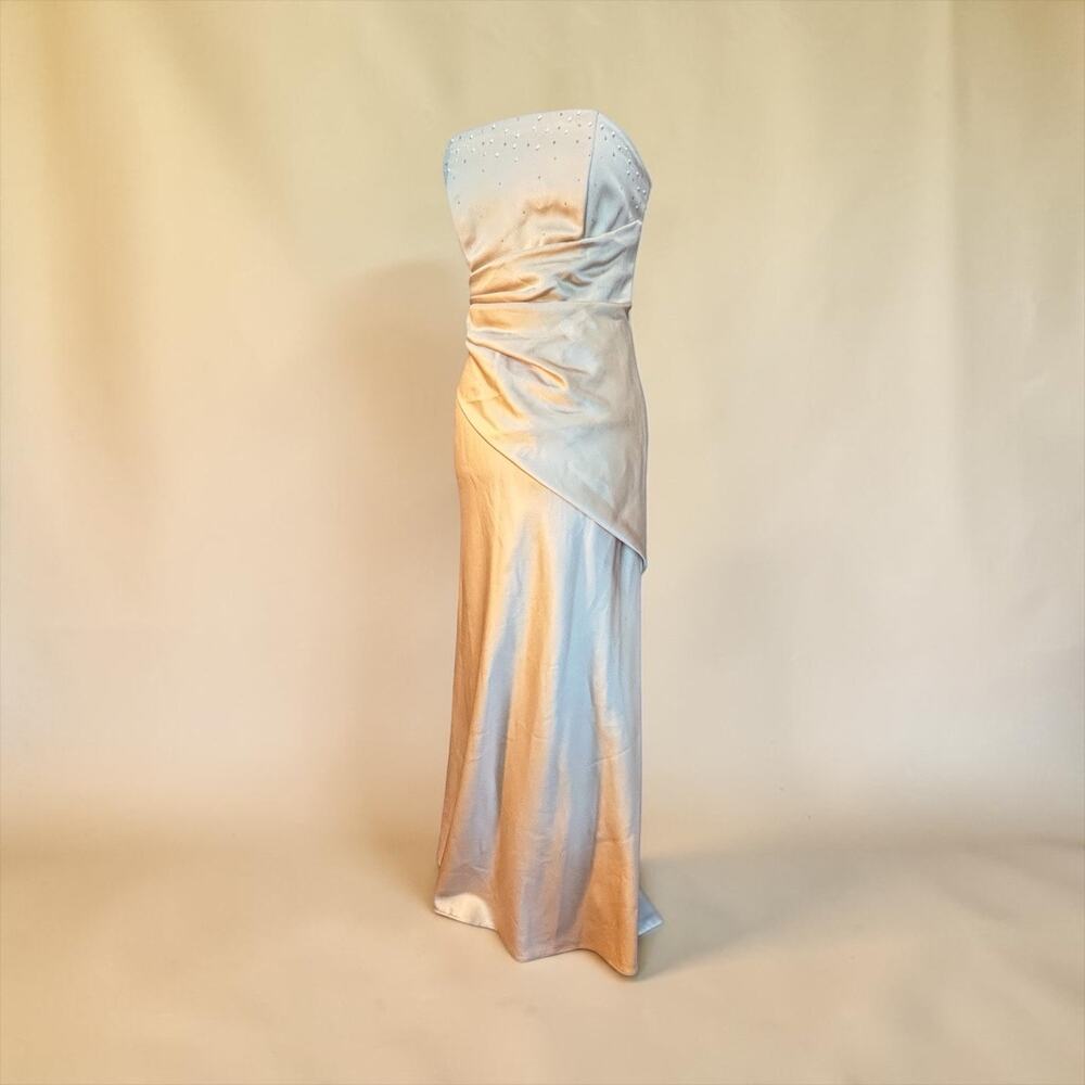 1990s Champagne Satin Bombshell Gown Rhinestone Strapless Mermaid Train 5/6